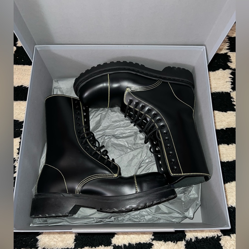 Mens Balenciaga Smooth Leather Combat Boots in Black with Yellow stitching